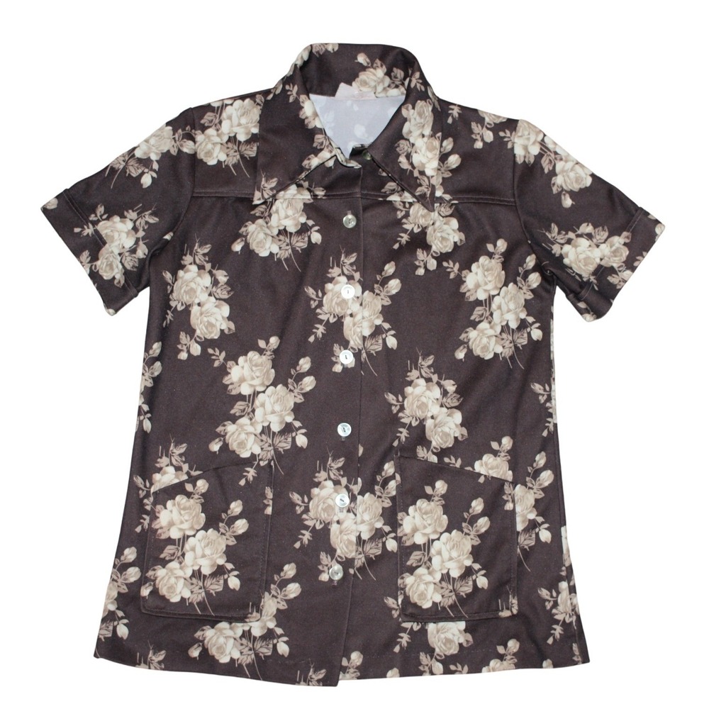 Vintage Sweetique Brown Floral Button Front Top Size 12